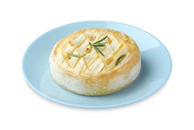 Photo of Tasty baked brie cheese with rosemary isolated on white