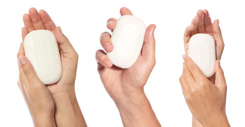 Image of Closeup view of people holding soap bars on white background, collage. Banner design