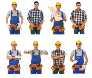 Image of Collage with photos of carpenters on white background