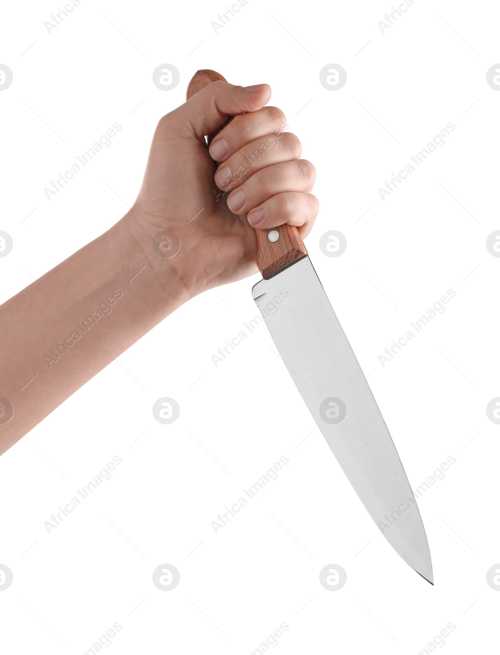 Photo of Woman holding knife on white background, closeup