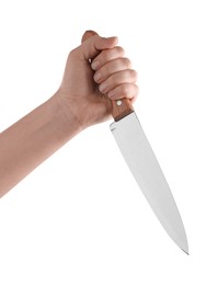 Photo of Woman holding knife on white background, closeup