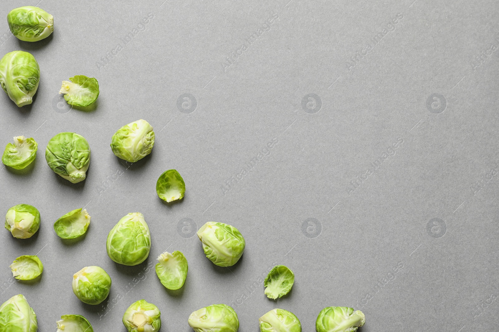 Photo of Tasty fresh Brussels sprouts on grey background, top view with space for text