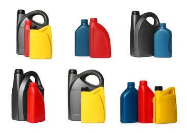 Image of Colorful containers with different motor oil on white background, collage design