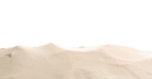 Photo of Heap of dry beach sand on white background