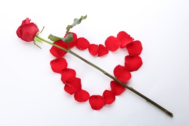 Photo of Beautiful red rose and heart made with petals on white background, top view