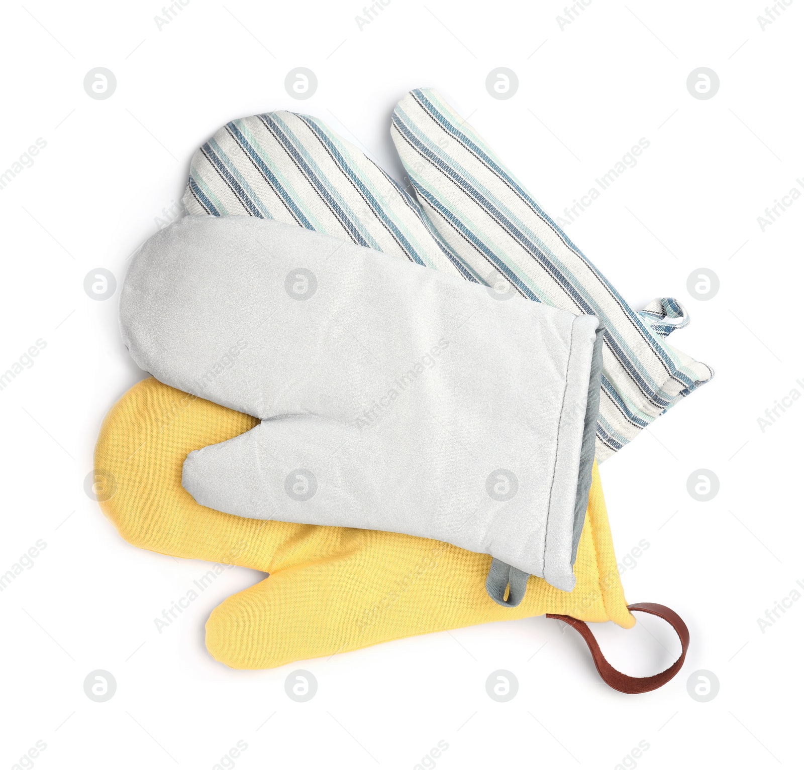 Photo of Oven gloves for hot dishes on white background, top view