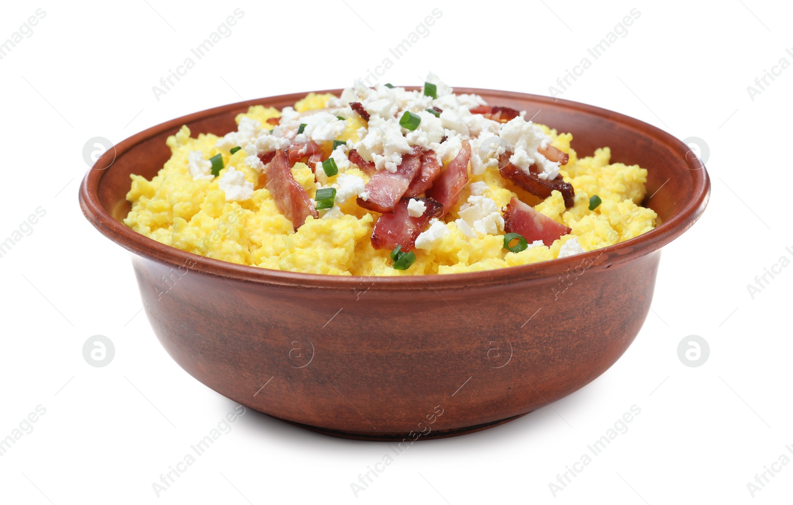 Photo of Tasty banosh with brynza and pork cracklings in bowl isolated on white. Traditional Ukrainian dish