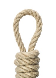 Hemp rope with loop isolated on white, top view