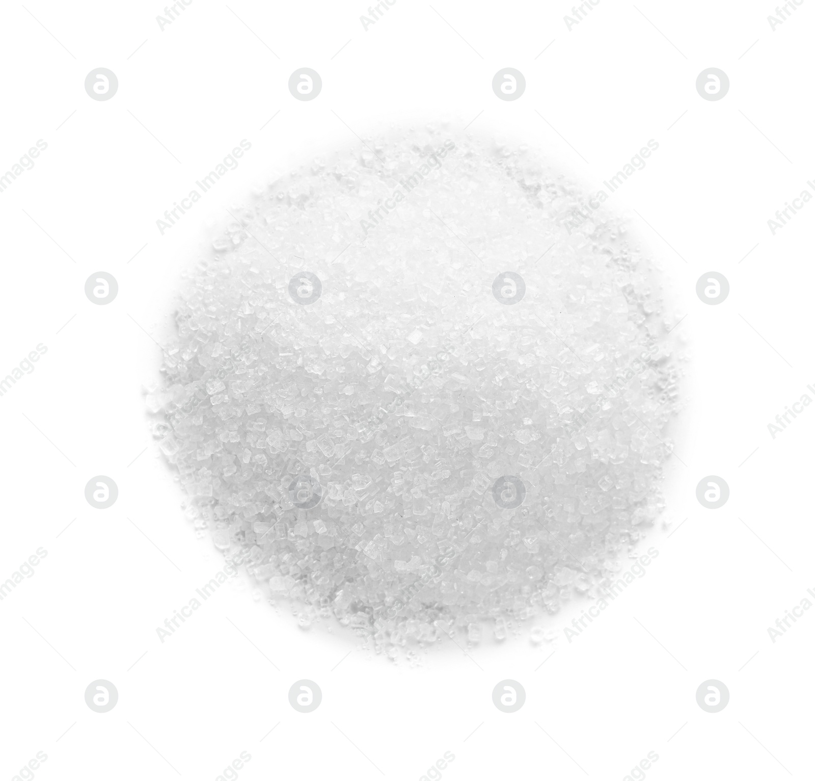 Photo of Pile of granulated sugar isolated on white, top view