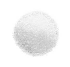 Photo of Pile of granulated sugar isolated on white, top view