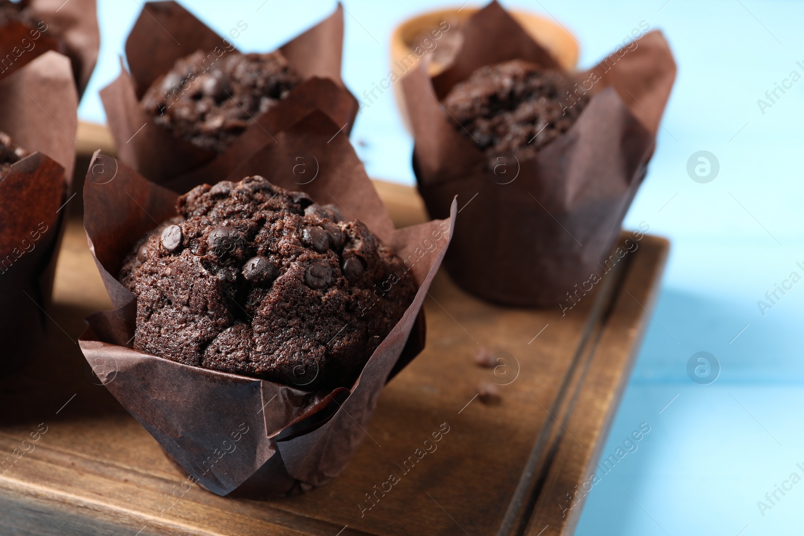 Photo of Tasty chocolate muffins on light blue table, closeup