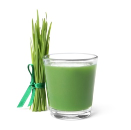 Photo of Glass of fresh wheat grass juice and sprouts on white background
