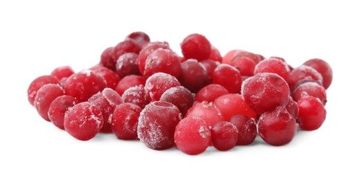 Pile of frozen red cranberries isolated on white