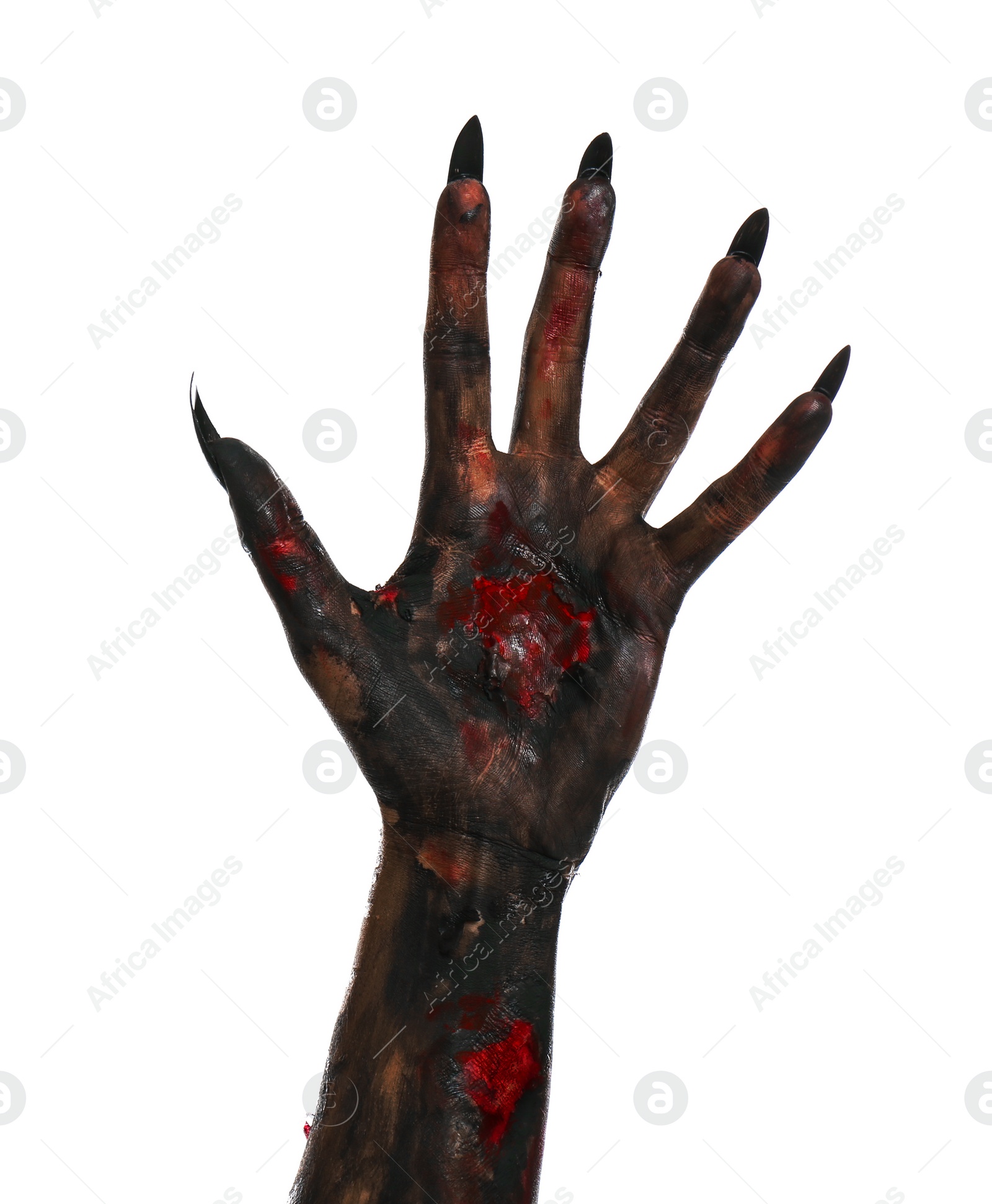 Photo of Scary monster on white background, closeup of hand. Halloween character