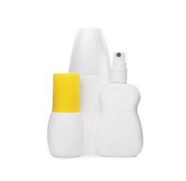 Set of different insect repellents on white background