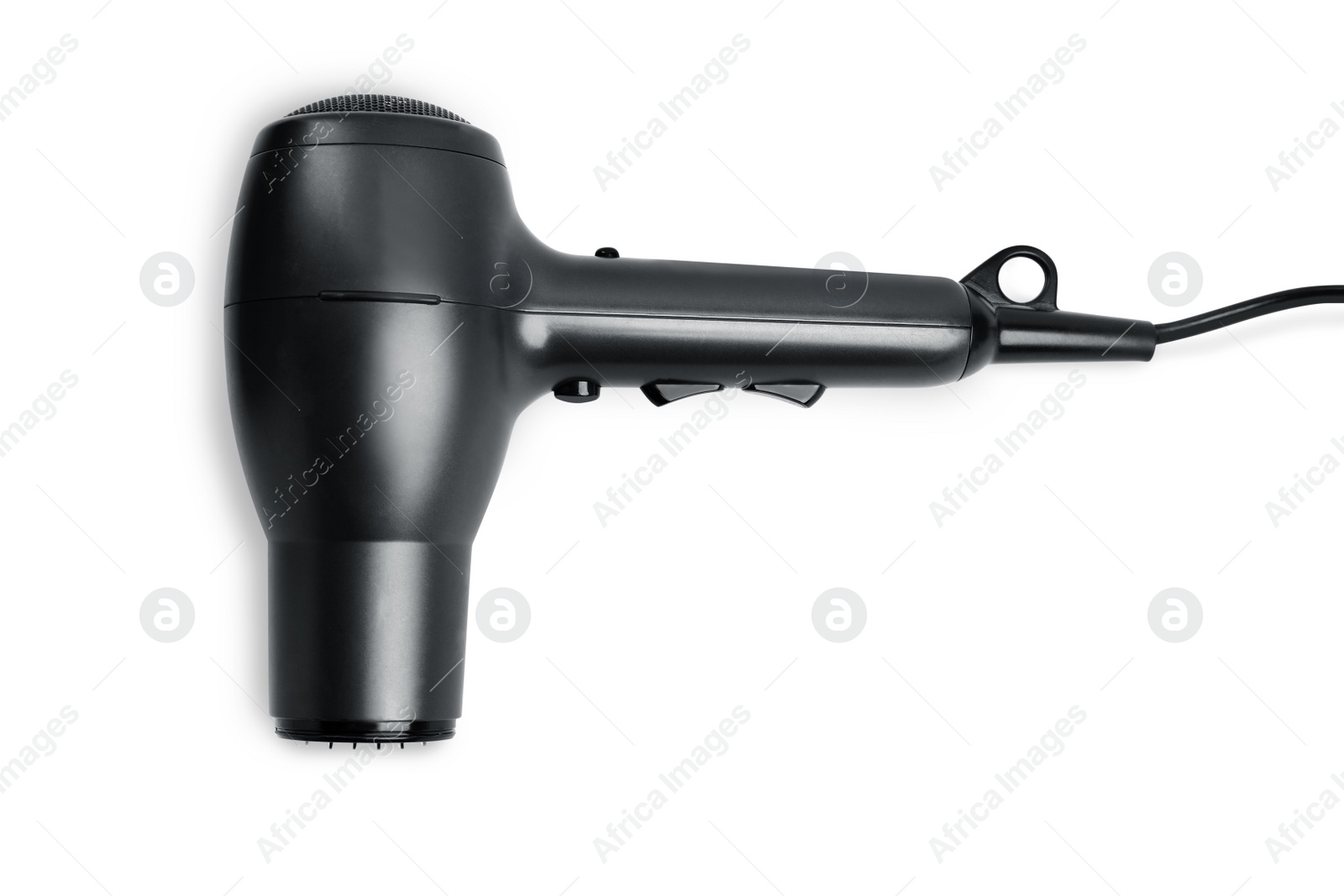 Photo of Modern hair dryer isolated on white, top view