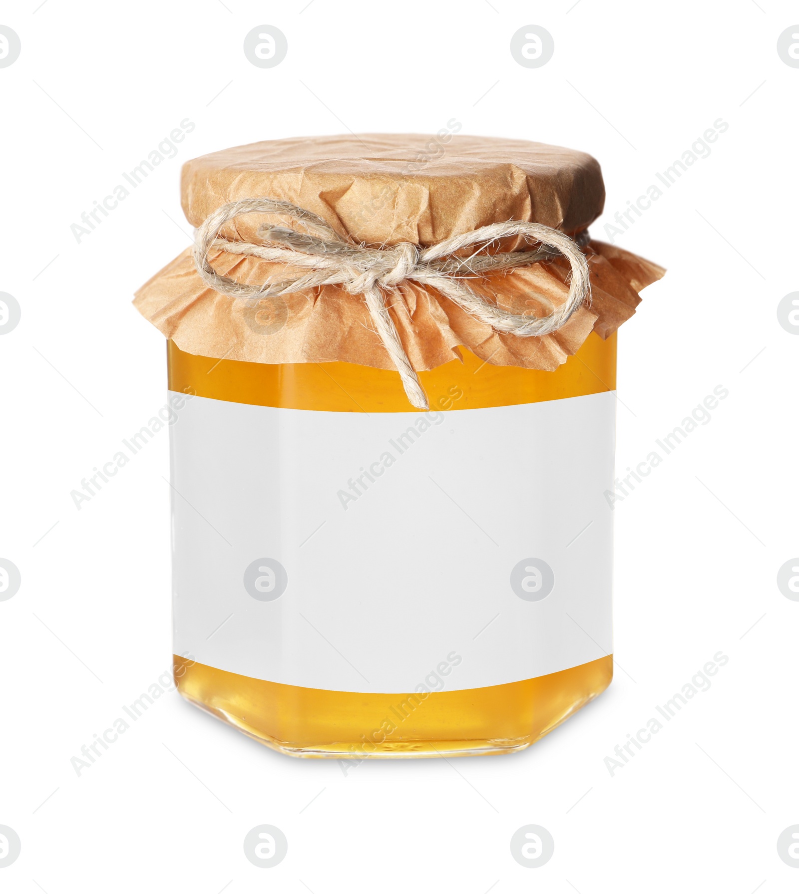 Image of Jar of honey with blank label on white background. Mockup for design