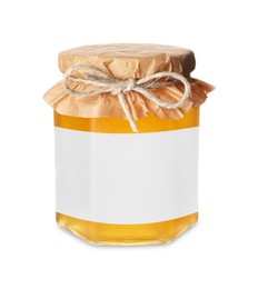 Image of Jar of honey with blank label on white background. Mockup for design