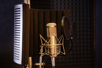 Condenser microphone in modern recording studio. Music equipment