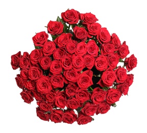 Photo of Luxury bouquet of fresh red roses isolated on white, top view