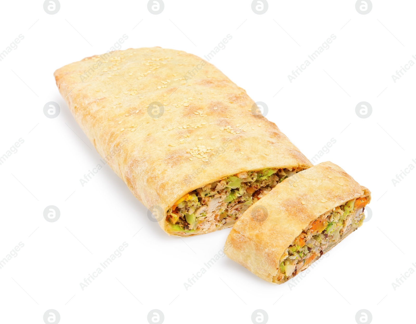 Photo of Delicious strudel with chicken and vegetables isolated on white