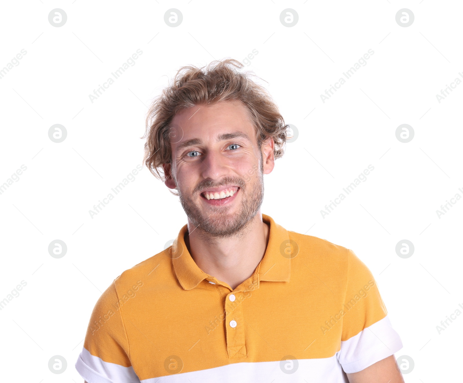 Photo of Handsome young man laughing on white background