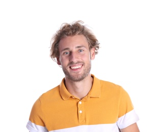 Photo of Handsome young man laughing on white background