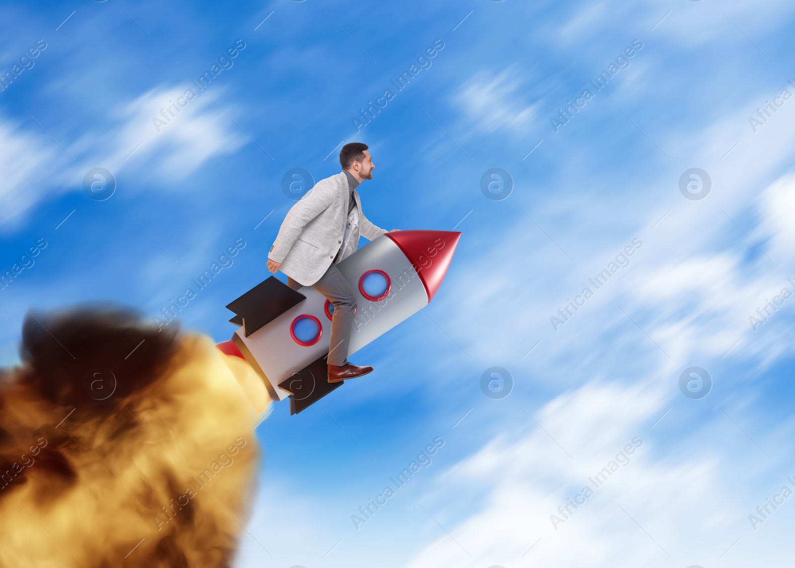 Image of Successful business startup. Happy man sitting on rocket rushing through sky. Illustration of spaceship