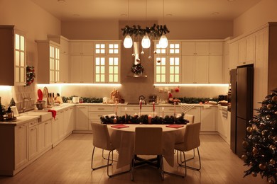 Cozy spacious kitchen decorated for Christmas. Interior design