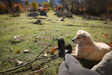 Photo of Woman with adorable dog in mountains on sunny day, closeup