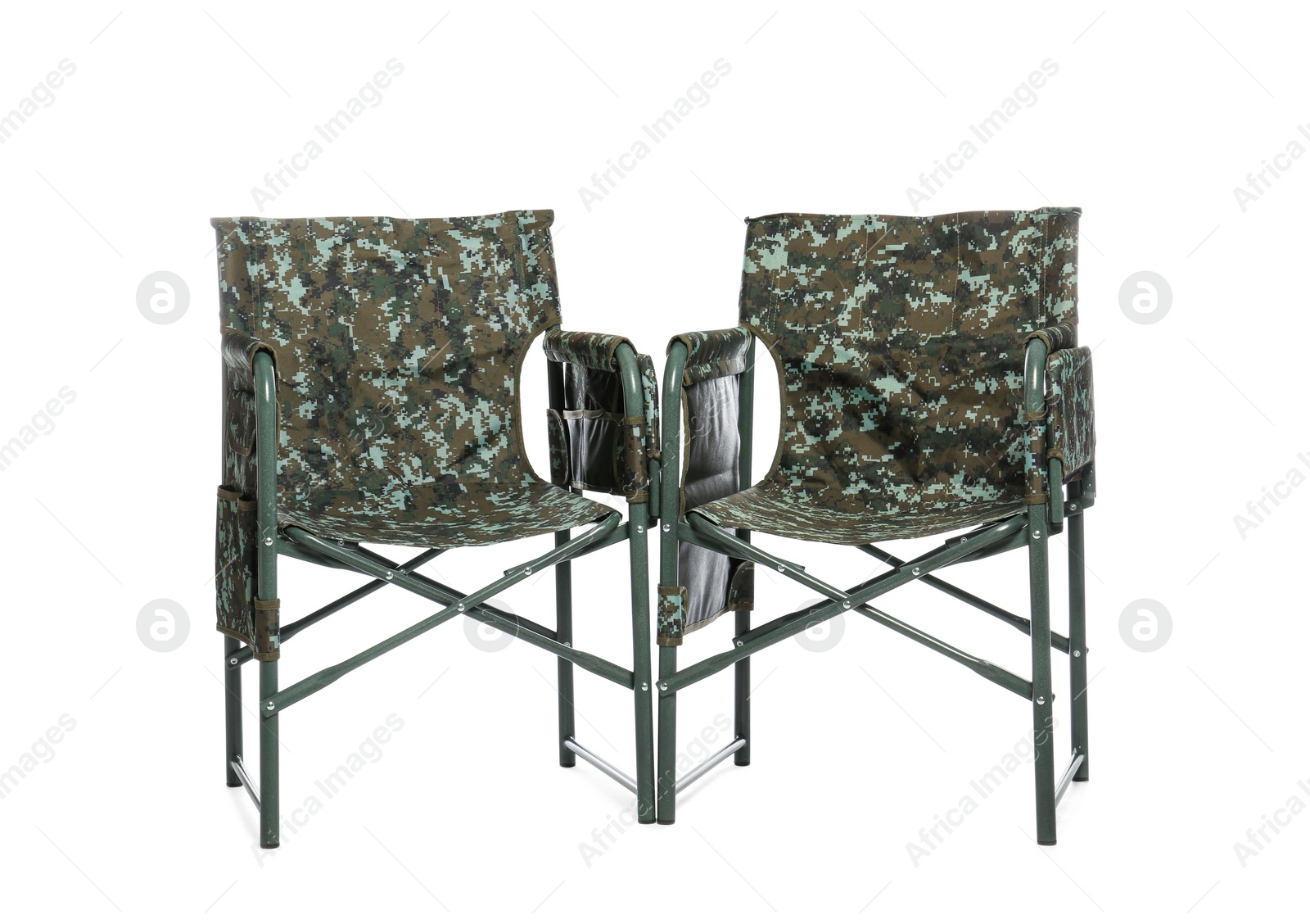 Photo of Comfortable camouflage fishing chairs on white background