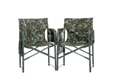 Comfortable camouflage fishing chairs on white background