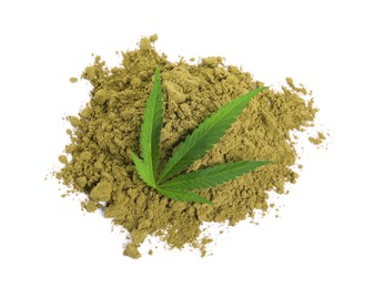 Photo of Pile of hemp protein powder and fresh leaf on white background, top view