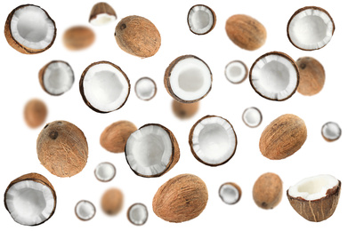 Image of Set with ripe coconuts on white background, top view