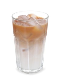 Photo of Glass of fresh iced coffee isolated on white