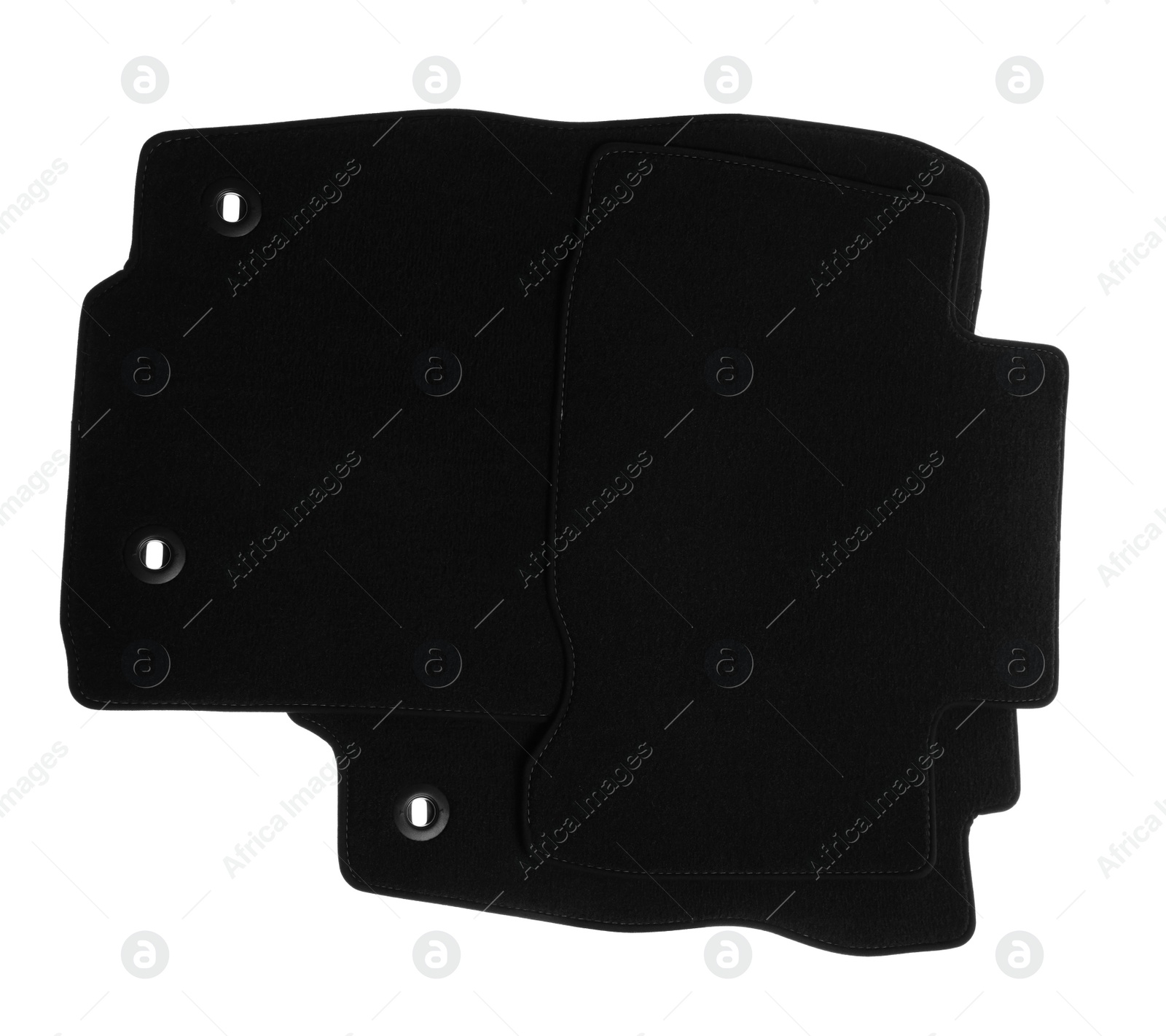 Photo of Black car floor carpets on white background, top view