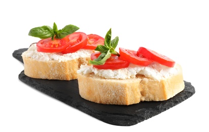 Photo of Tasty fresh tomato bruschettas on white background