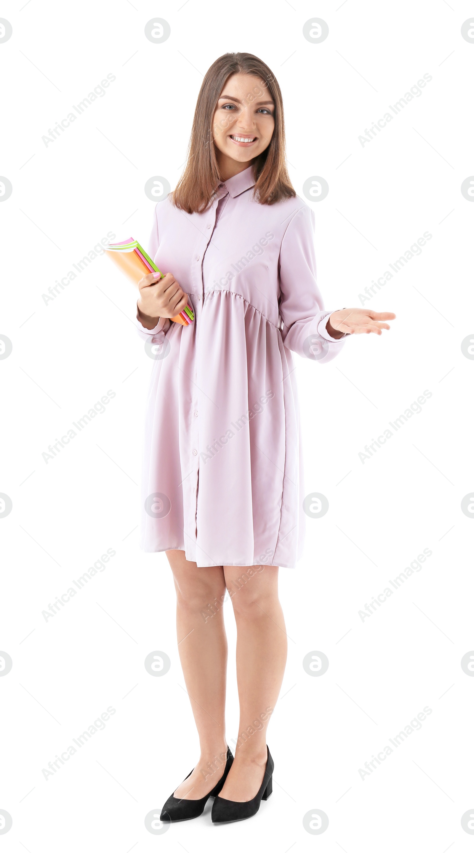 Photo of Female teacher with notebooks on white background