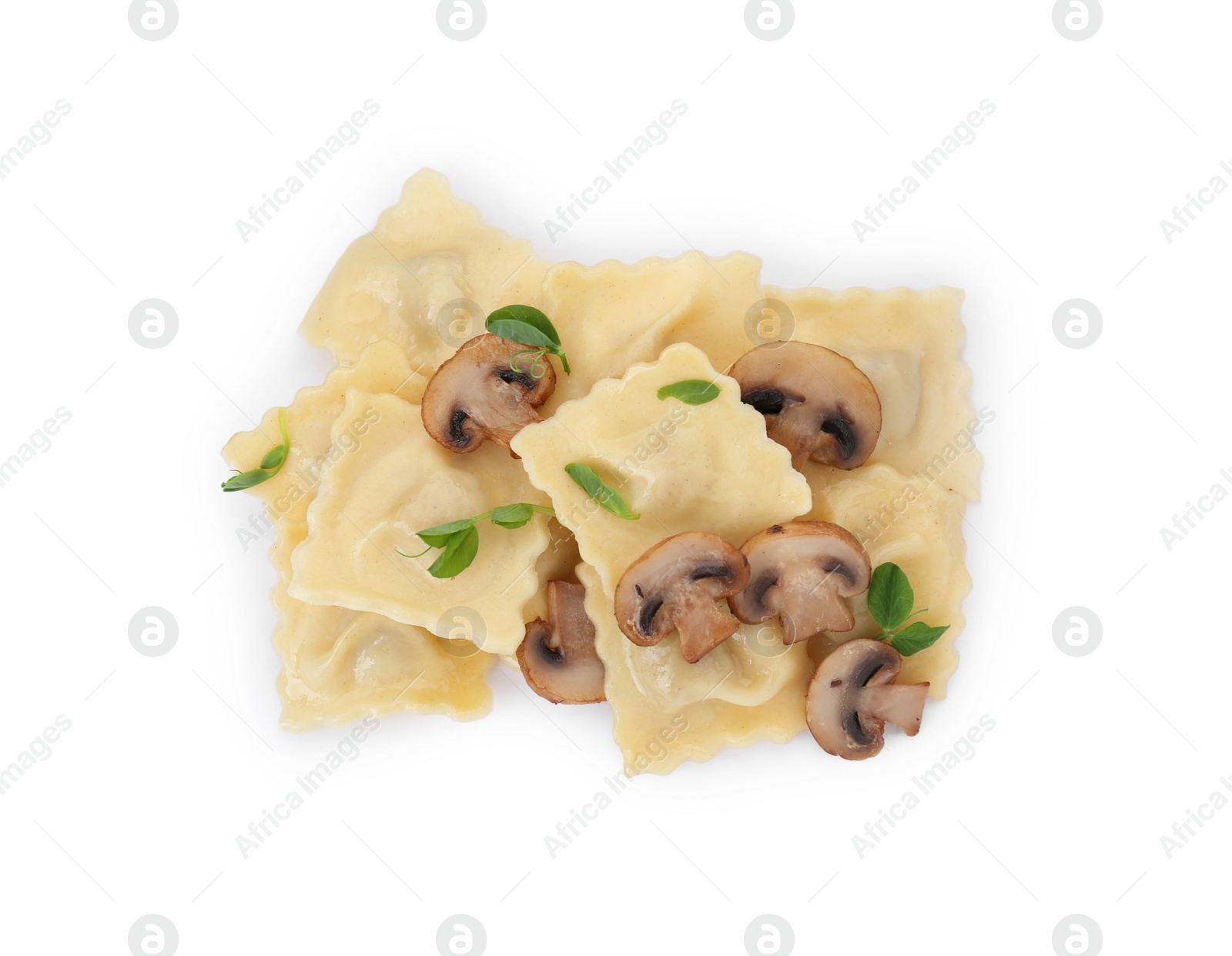 Photo of Delicious ravioli with mushrooms isolated on white, top view