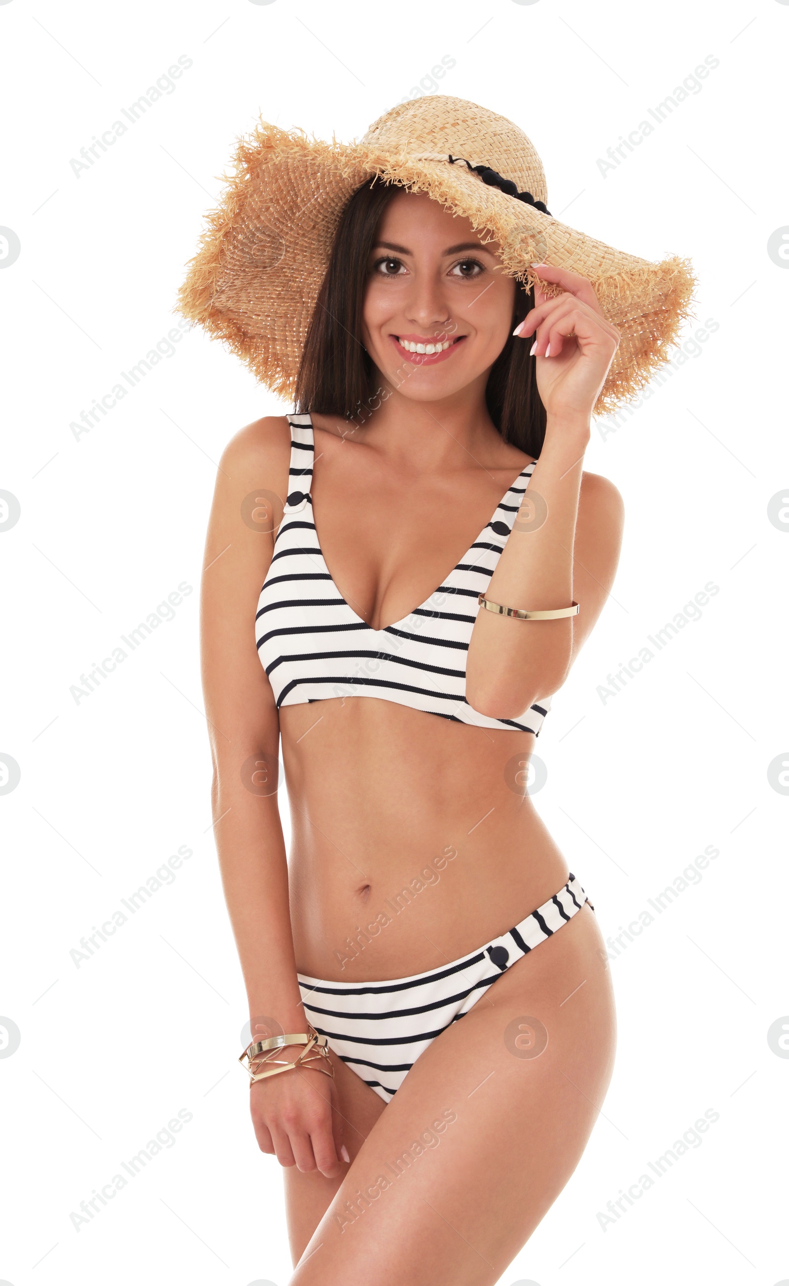 Photo of Pretty sexy woman with slim body in stylish striped bikini on white background