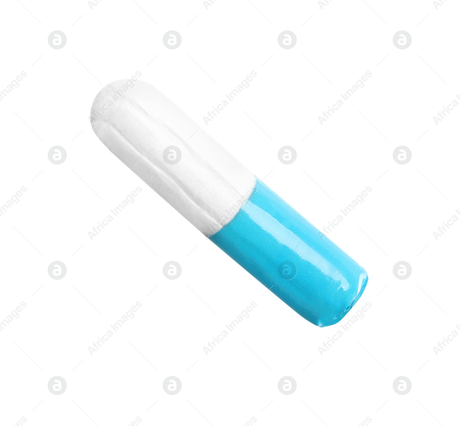 Photo of Tampon with turquoise package isolated on white