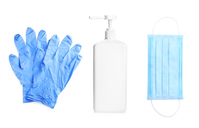 Image of Medical gloves, antiseptic gel and protective mask on white background