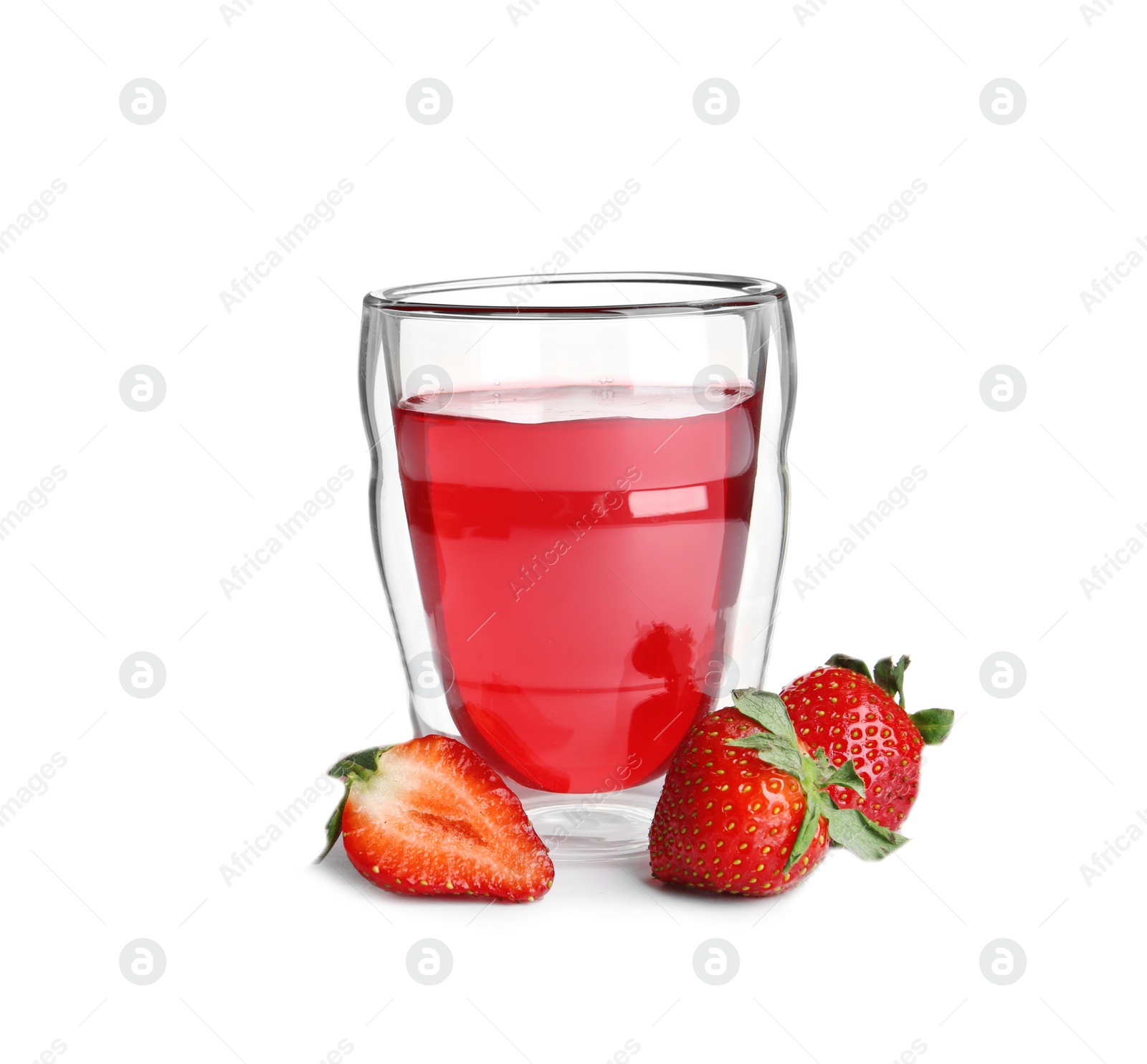 Photo of Strawberries and tasty jelly dessert in glass on white background