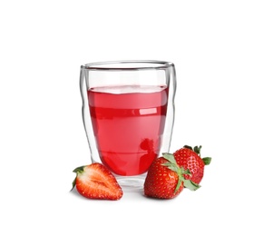 Photo of Strawberries and tasty jelly dessert in glass on white background