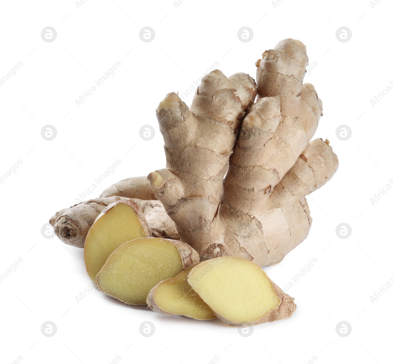 Photo of Whole and cut fresh ginger isolated on white