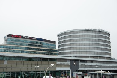 Warsaw, Poland - September 10, 2022: Buildings with many modern logos