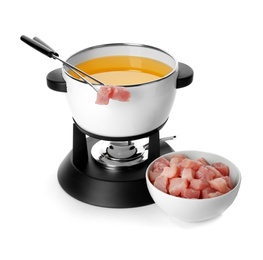 Photo of Fondue pot with oil and raw meat on white background