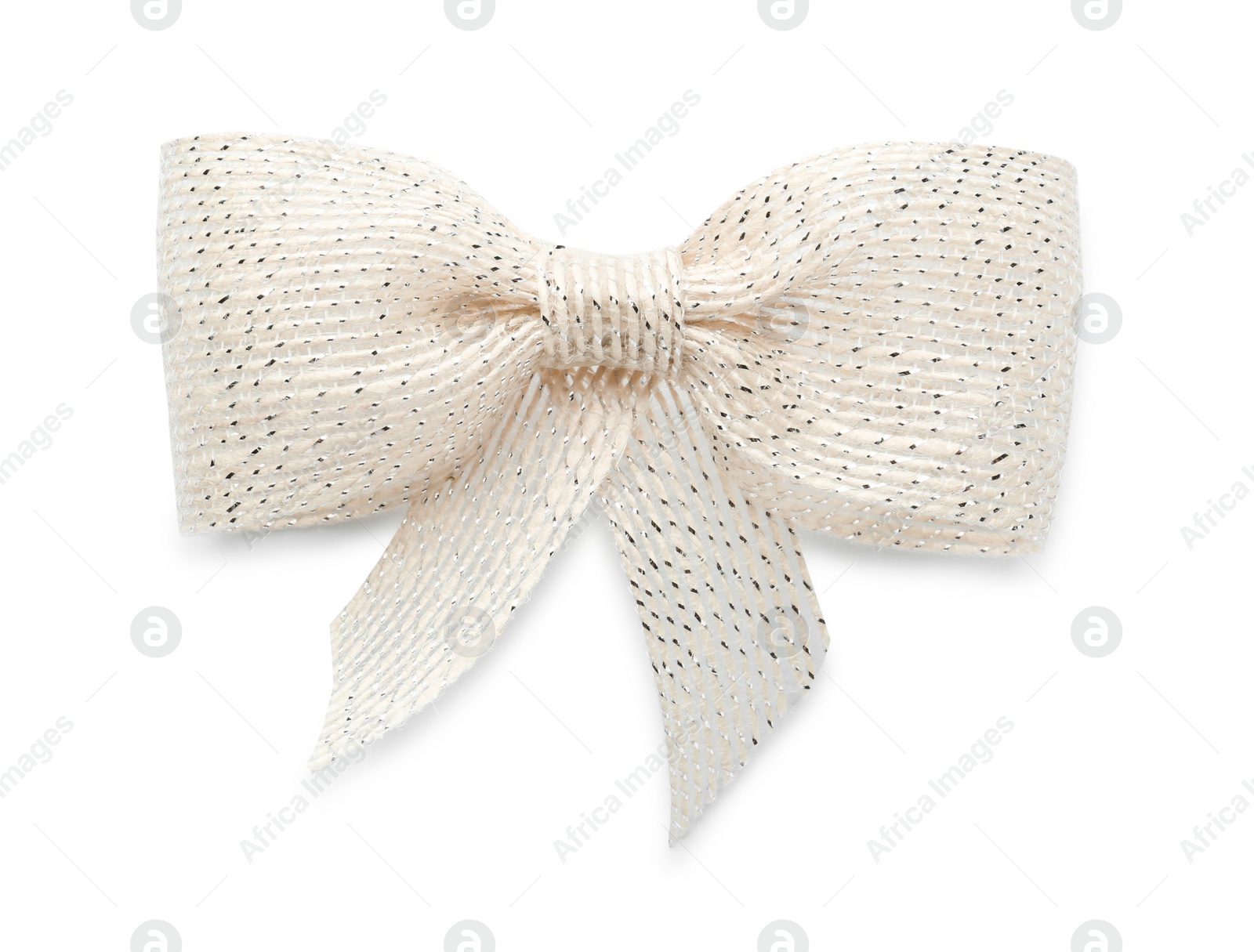 Photo of Pretty burlap bow with silver thread isolated on white