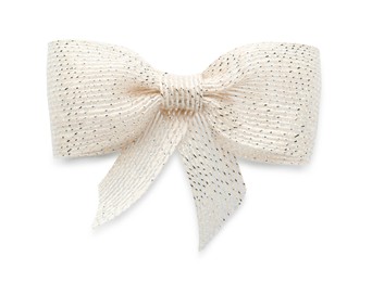 Photo of Pretty burlap bow with silver thread isolated on white