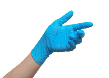 Photo of Doctor wearing light blue medical glove on white background, closeup